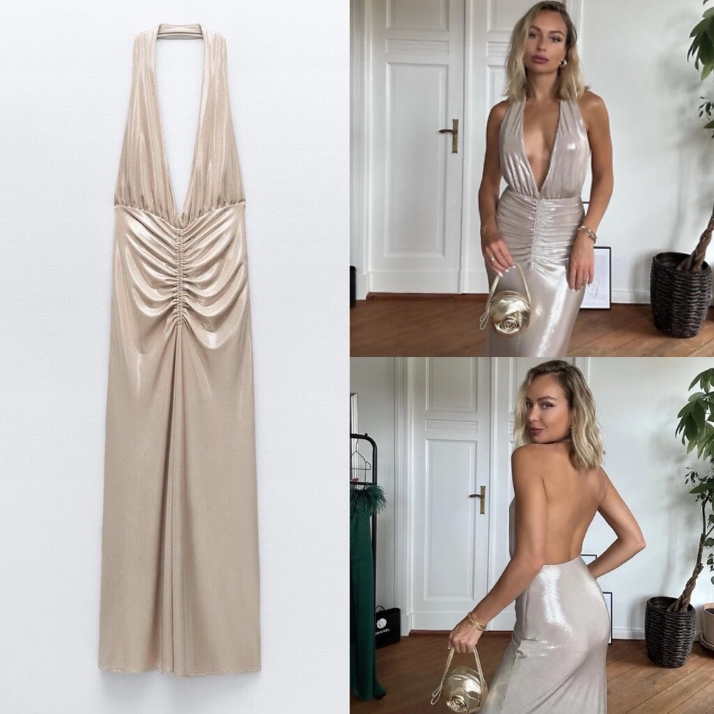 ZARA | Gold Lamé Halter Maxi Dress Backless Evening Gown
